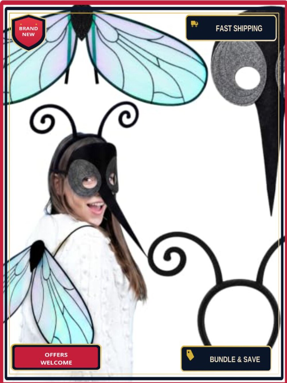 Mosquito Costume Set 3 Pc Bug Headband Mask Wings Halloween Cosplay